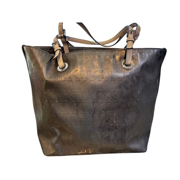 MICHAEL Michael Kors Metallic Gold Bronze Large Tote Bag Shoulder Logo Pattern - Picture 1 of 9